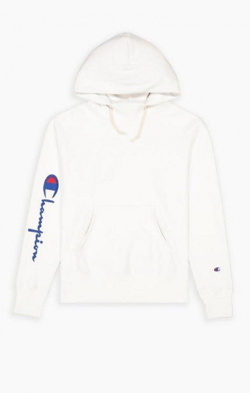 Champion Script Logo Arm Reverse Weave Hoodie Mikina s Kapucnou Panske Biele | 3658-RXNHB