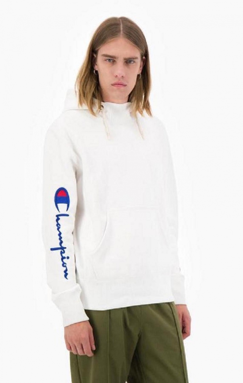 Champion Script Logo Arm Reverse Weave Hoodie Mikina s Kapucnou Panske Biele | 3658-RXNHB