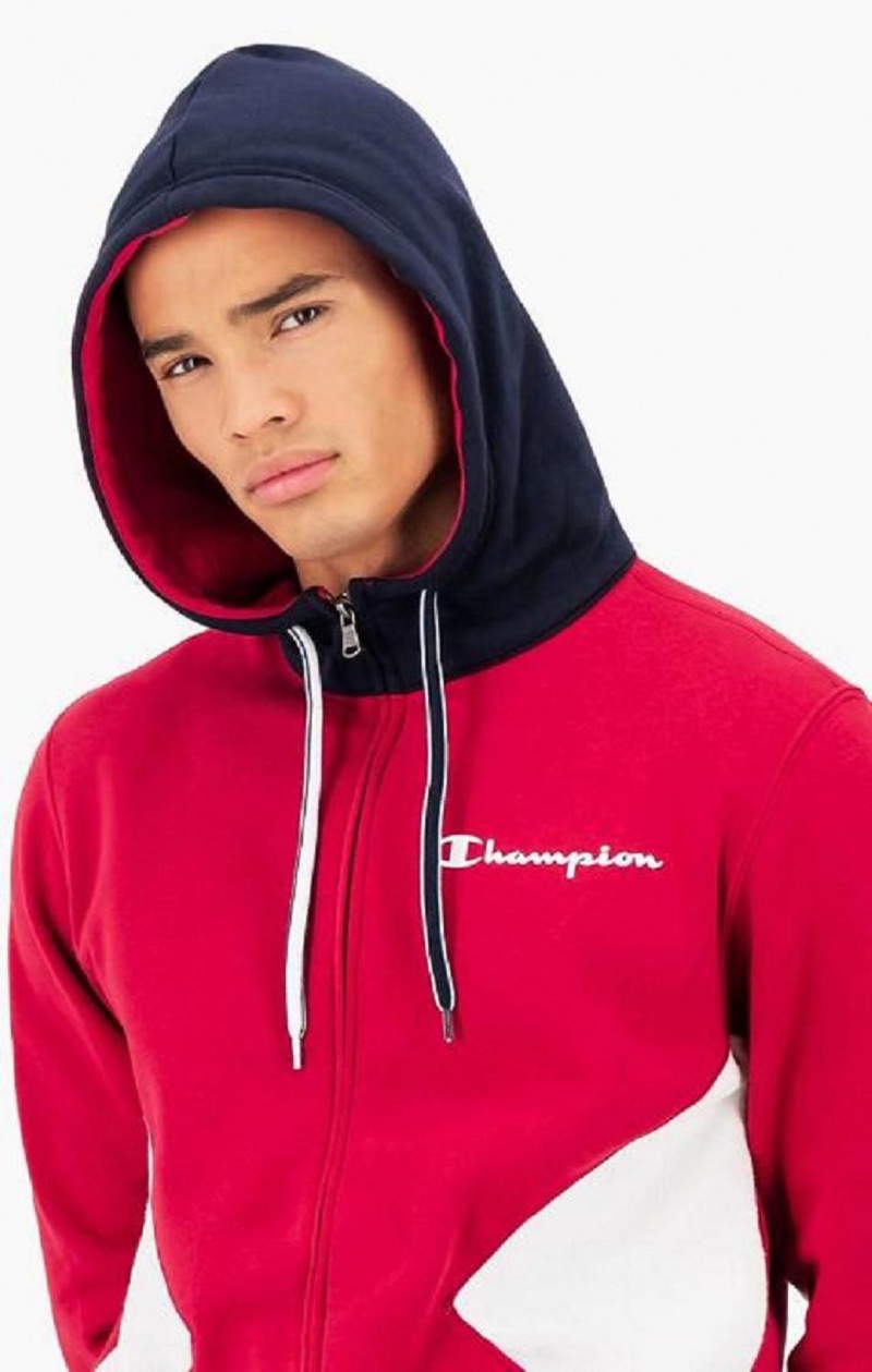 Champion Script Logo Colour Block Fleece Zip-Up Hoodie Mikina s Kapucnou Panske Červené | 0198-MGPKU