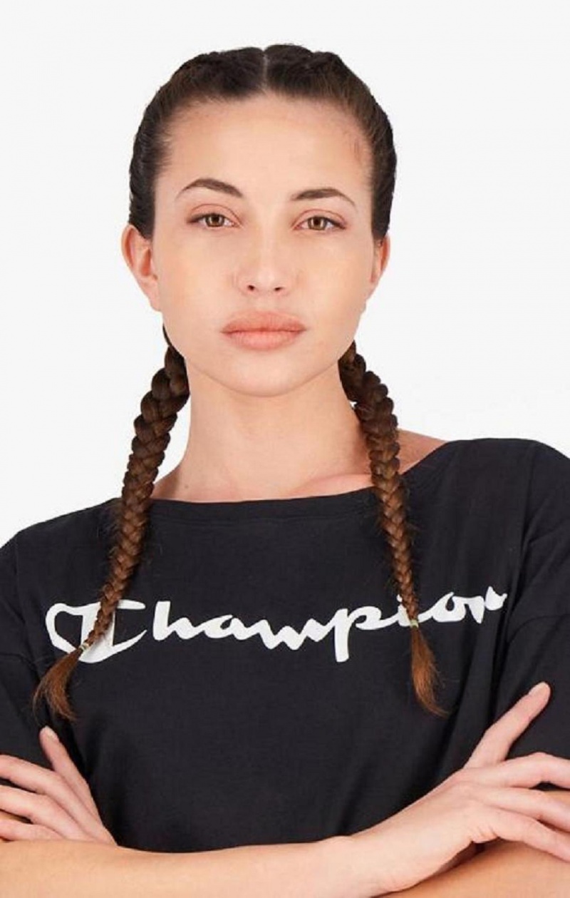 Champion Script Logo Cropped T-Shirt Tricko Damske Čierne | 3910-EMZHA