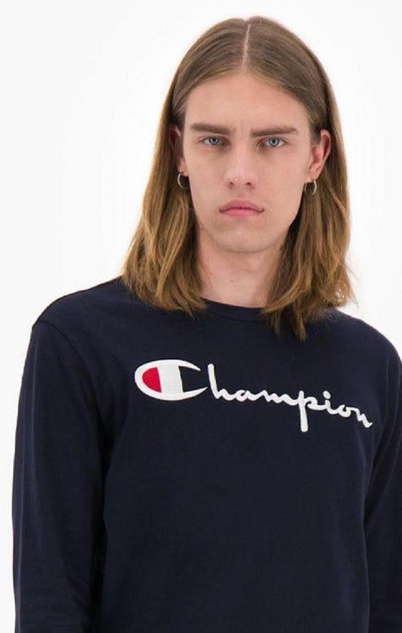 Champion Script Logo Jersey Sweatshirt Mikiny Panske Tmavo Modre | 3269-ZPCUG