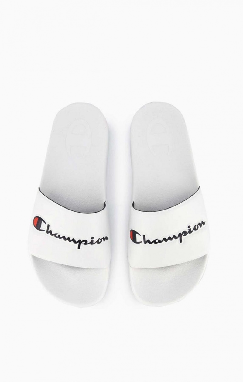 Champion Script Logo Pool Slides Slapky Panske Biele | 4523-YLAHD