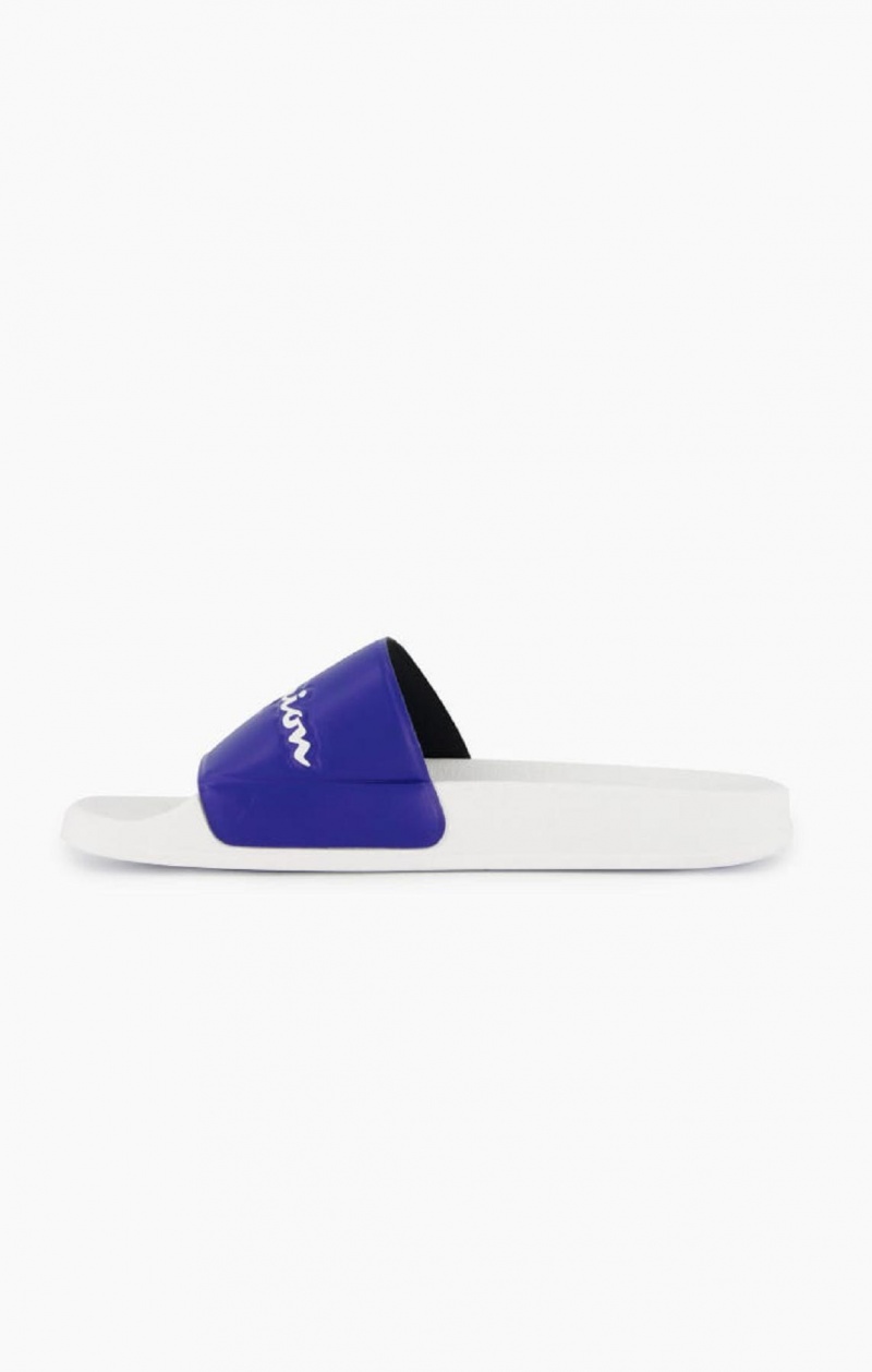 Champion Script Logo Pool Slides Slapky Panske Biele Modre | 6092-VNYCP