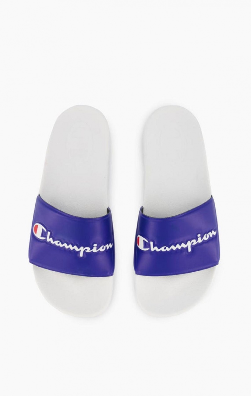 Champion Script Logo Pool Slides Slapky Panske Biele Modre | 6092-VNYCP