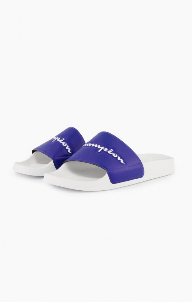 Champion Script Logo Pool Slides Slapky Panske Biele Modre | 6092-VNYCP