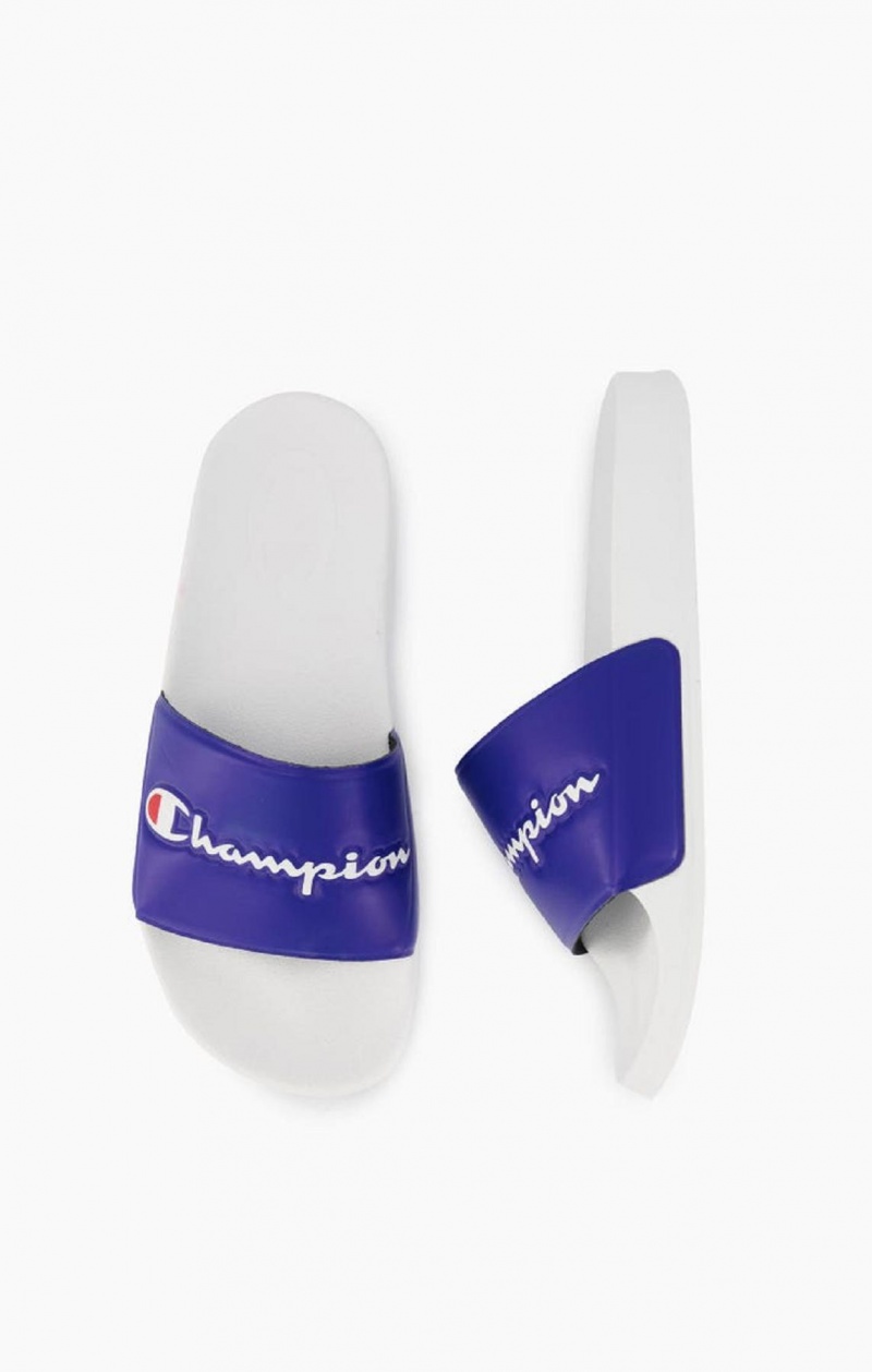 Champion Script Logo Pool Slides Slapky Panske Biele Modre | 6092-VNYCP