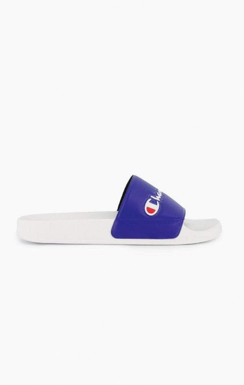 Champion Script Logo Pool Slides Slapky Panske Biele Modre | 6092-VNYCP