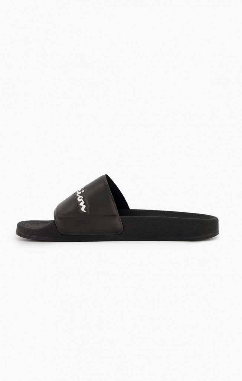 Champion Script Logo Pool Slides Slapky Damske Čierne | 7480-CLBKH