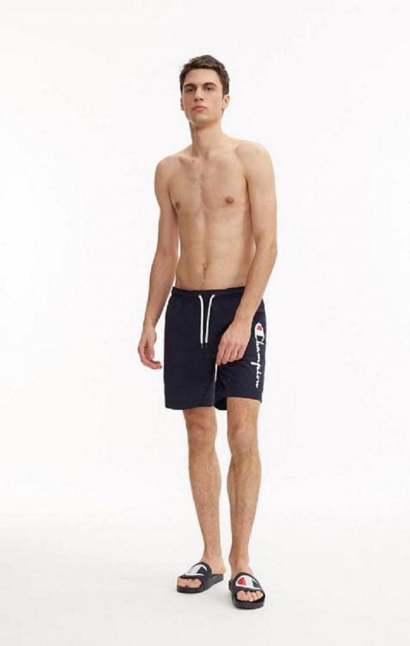 Champion Script Logo Print Board Shorts Plavky Panske Tmavo Modre | 3740-VFJUL