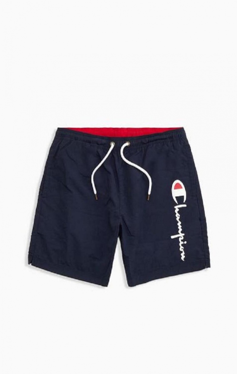 Champion Script Logo Print Board Shorts Plavky Panske Tmavo Modre | 3740-VFJUL