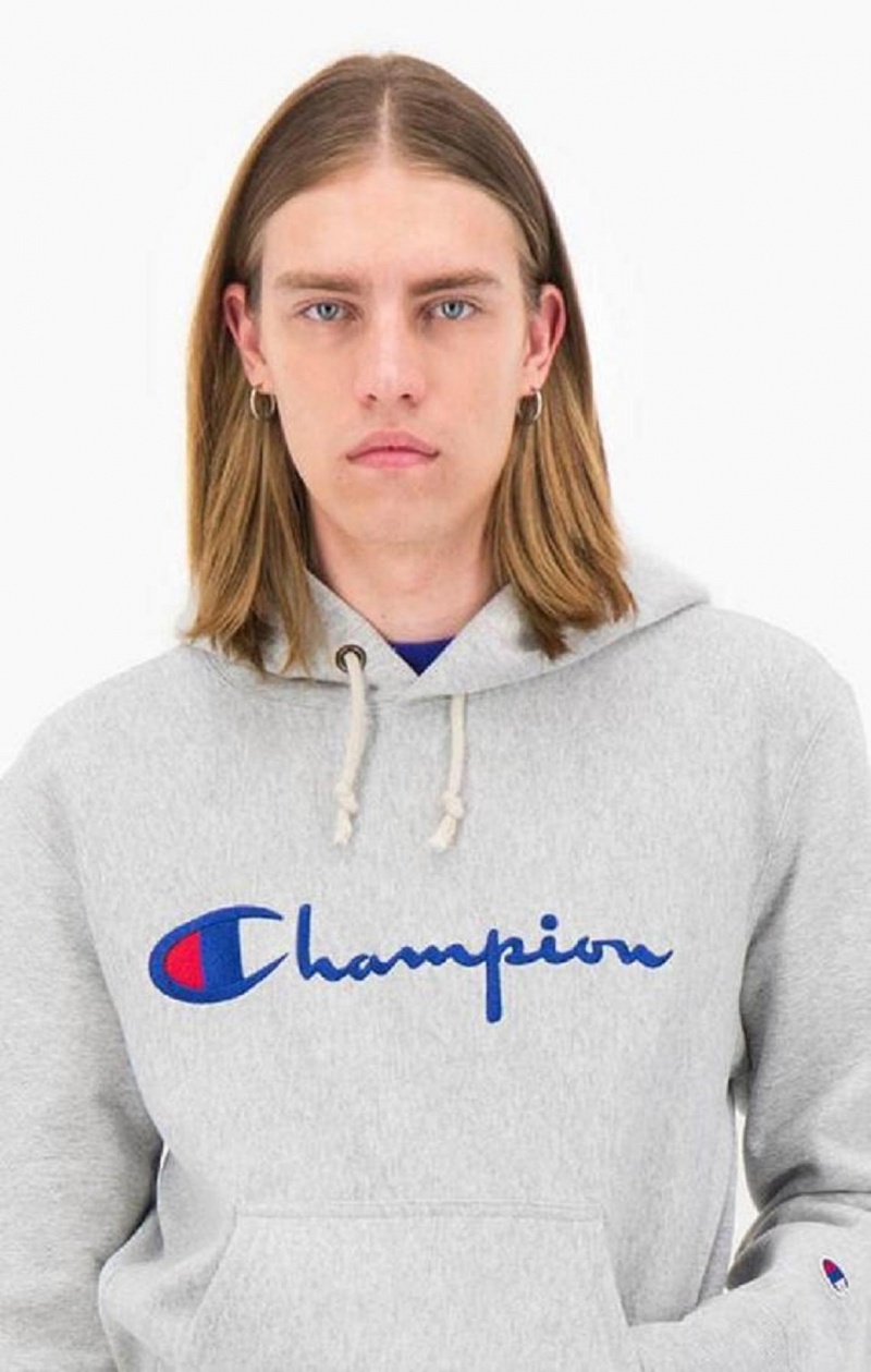 Champion Script Logo Reverse Weave Hoodie Mikina s Kapucnou Panske Svetlo Siva | 5287-YJZKI