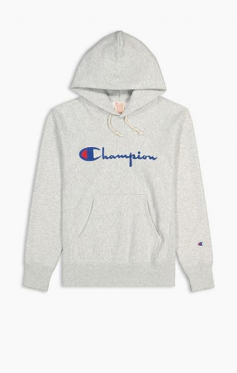 Champion Script Logo Reverse Weave Hoodie Mikina s Kapucnou Panske Svetlo Siva | 5287-YJZKI