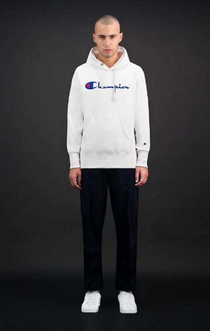 Champion Script Logo Reverse Weave Hoodie Mikina s Kapucnou Panske Biele | 7904-KBQIU