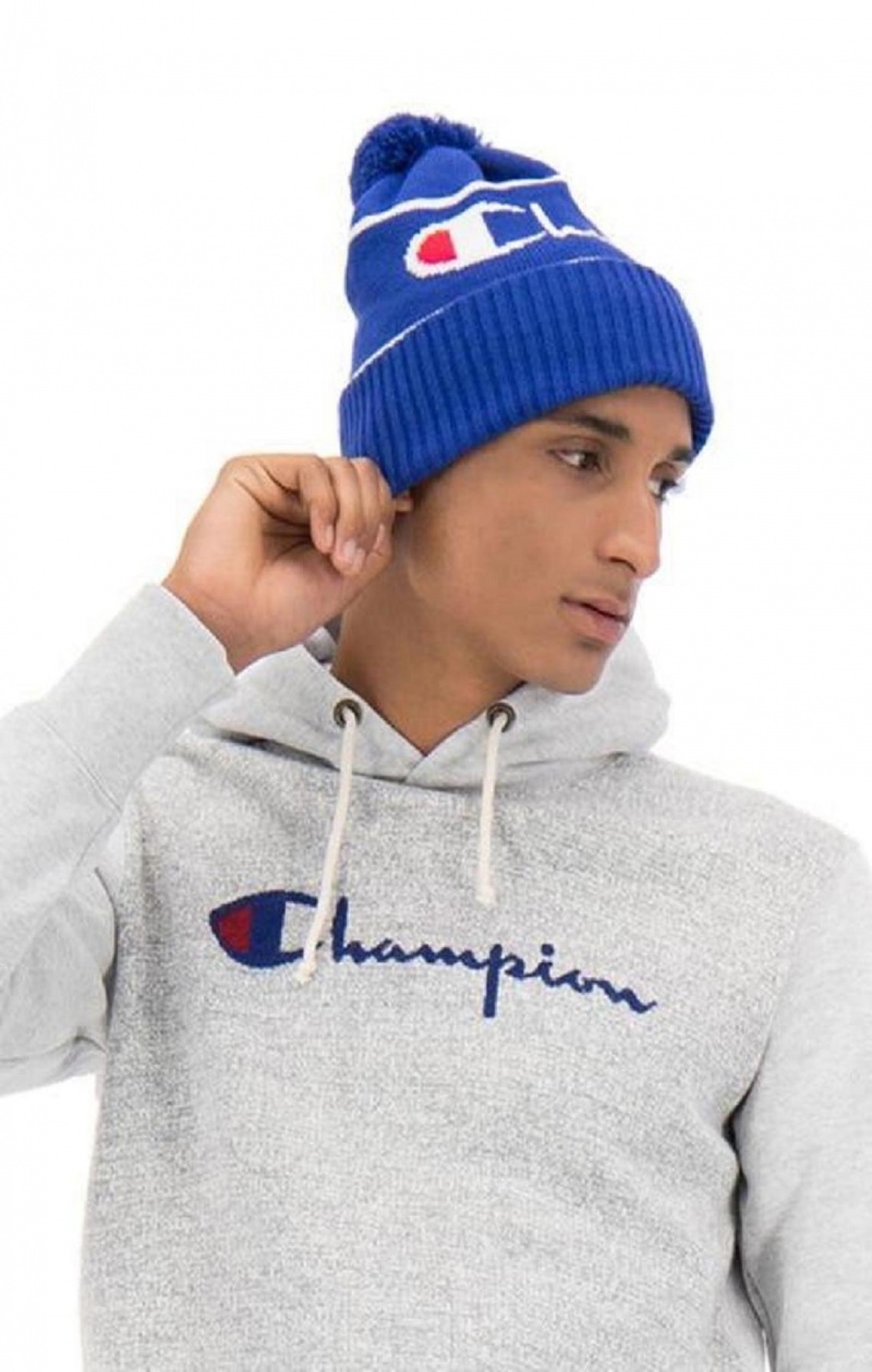 Champion Script Logo Stripe Bobble Beanie Hat Klobuky Damske Modre | 9078-ZLBYG