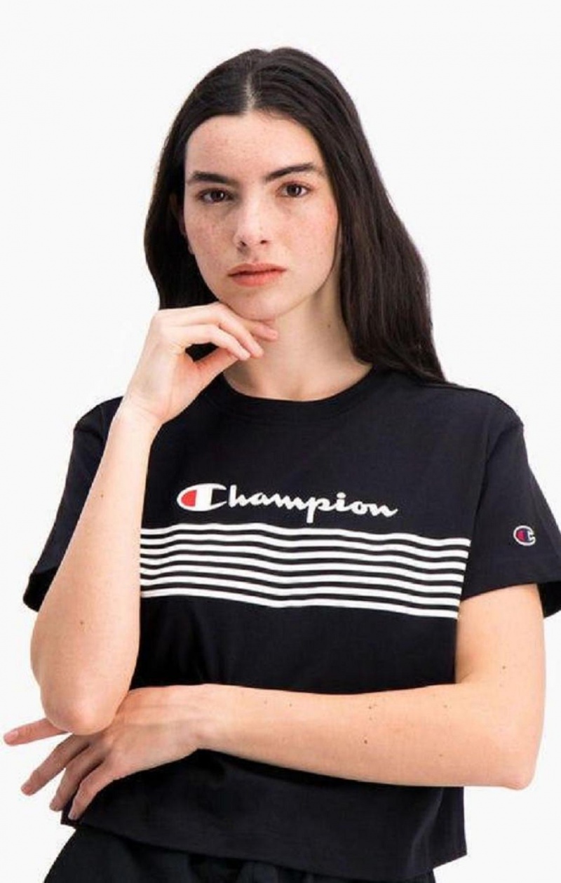 Champion Script Logo Stripe Curved Hem Cropped T-Shirt Tricko Damske Čierne | 7504-QJAYK