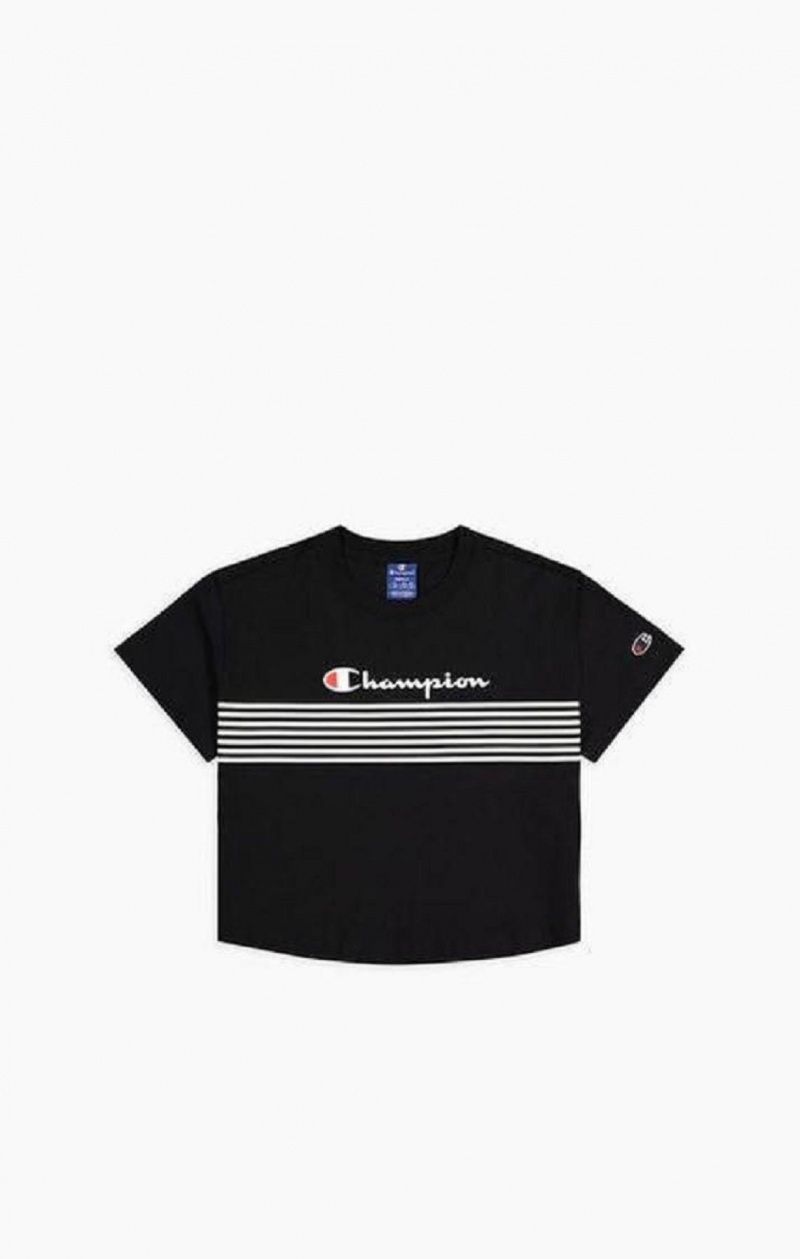 Champion Script Logo Stripe Curved Hem Cropped T-Shirt Tricko Damske Čierne | 7504-QJAYK