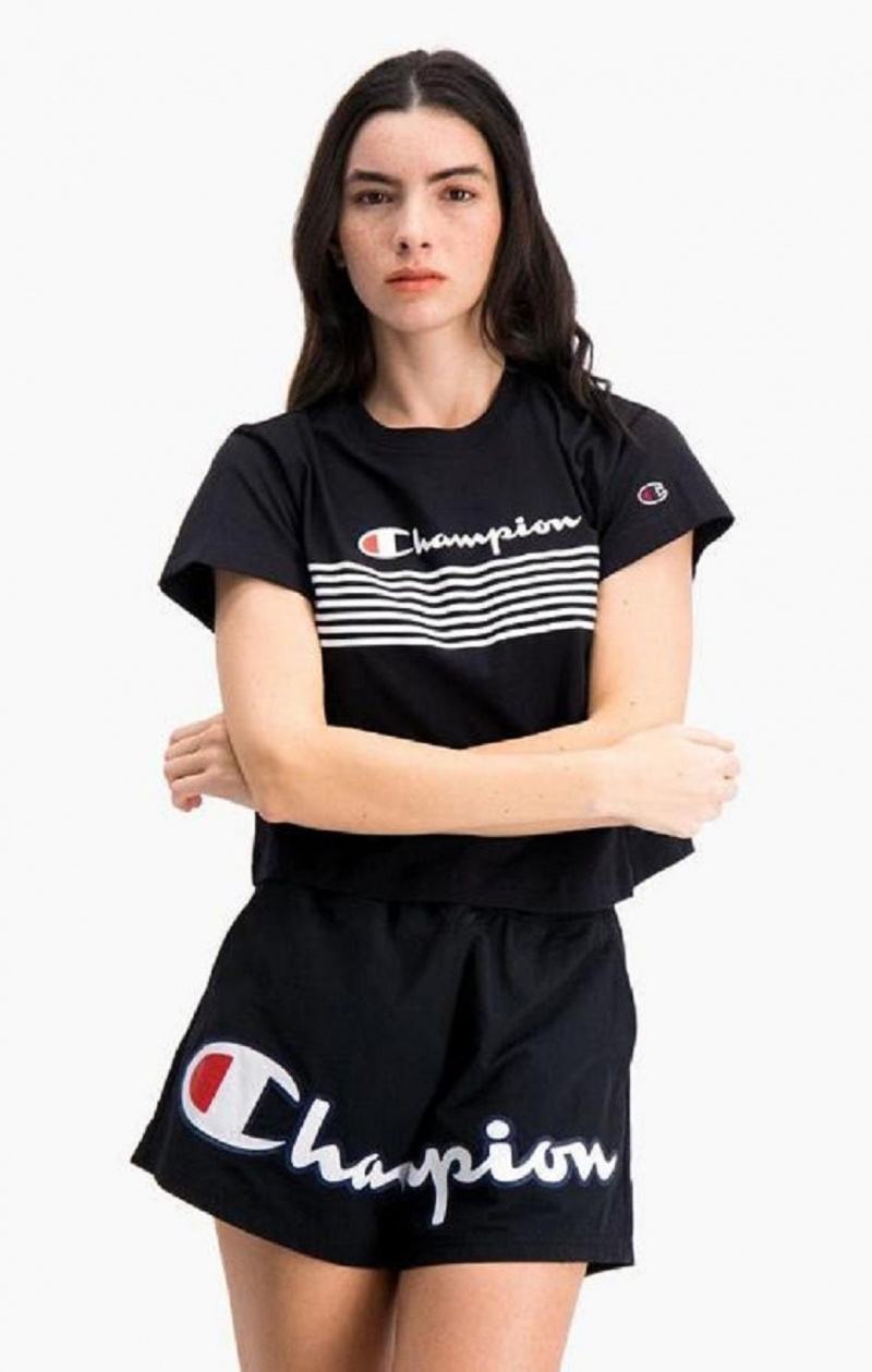 Champion Script Logo Stripe Curved Hem Cropped T-Shirt Tricko Damske Čierne | 7504-QJAYK