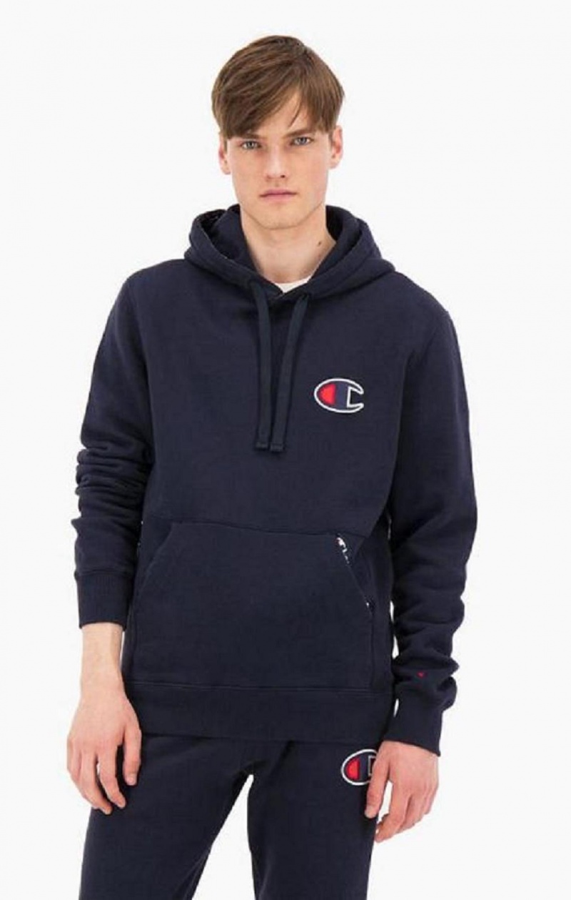 Champion Semisove C Logo Bavlnene Terry Hoodie Mikina s Kapucnou Panske Tmavo Modre | 9318-MDIUR