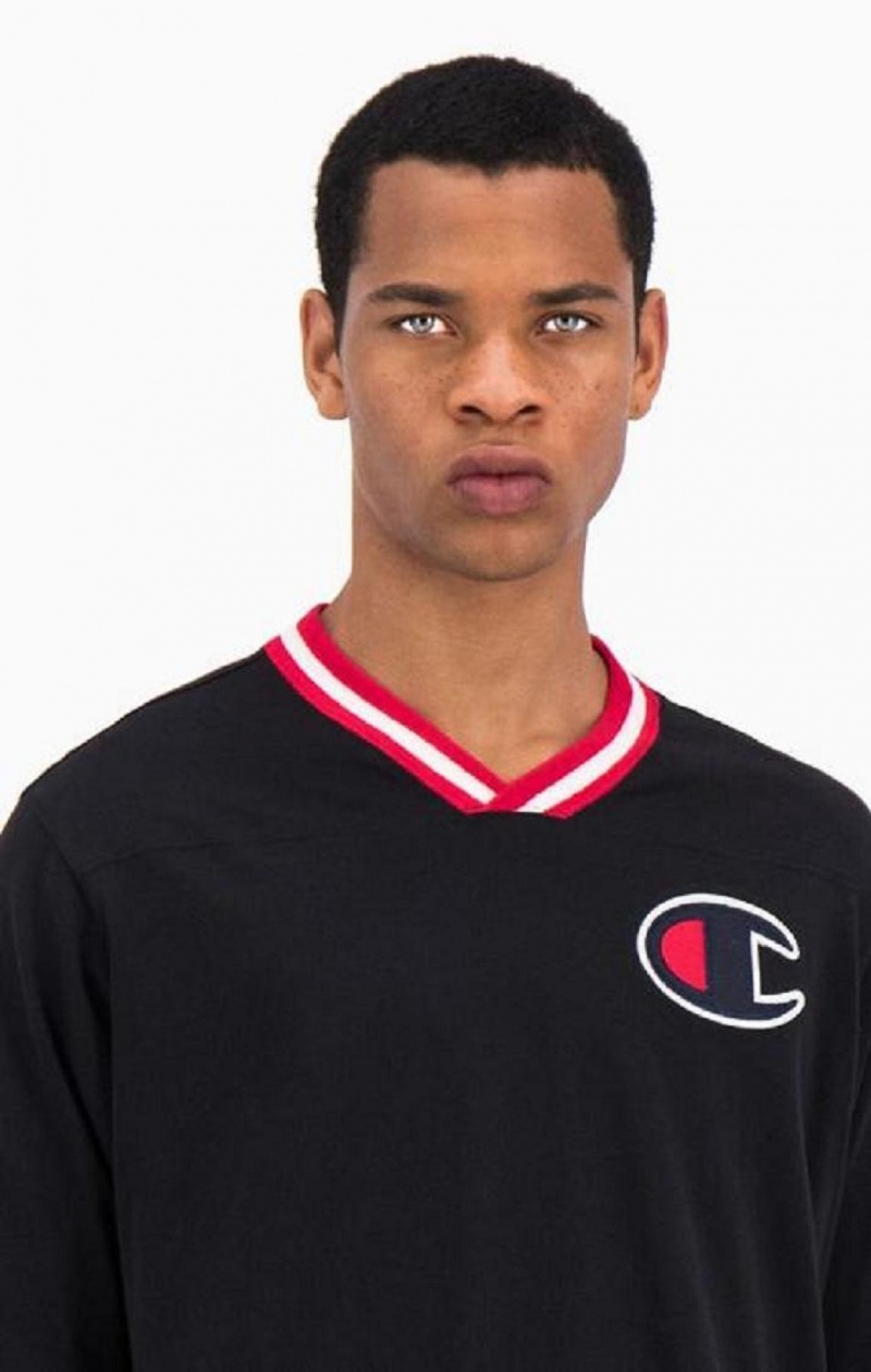 Champion Stripe Collar V Neck T-Shirt Tricko Panske Čierne | 8379-LHBTD