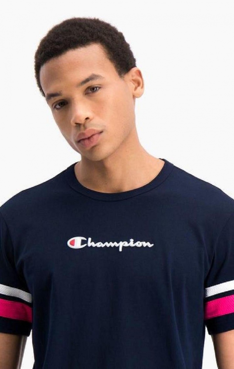 Champion Stripe Detail Script Logo T-Shirt Tricko Panske Modre | 1256-HYJTL