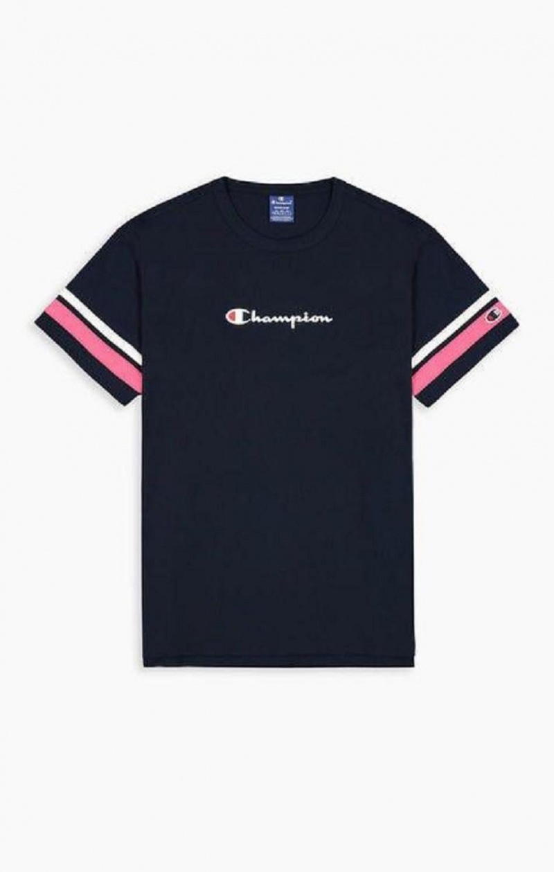 Champion Stripe Detail Script Logo T-Shirt Tricko Panske Modre | 1256-HYJTL