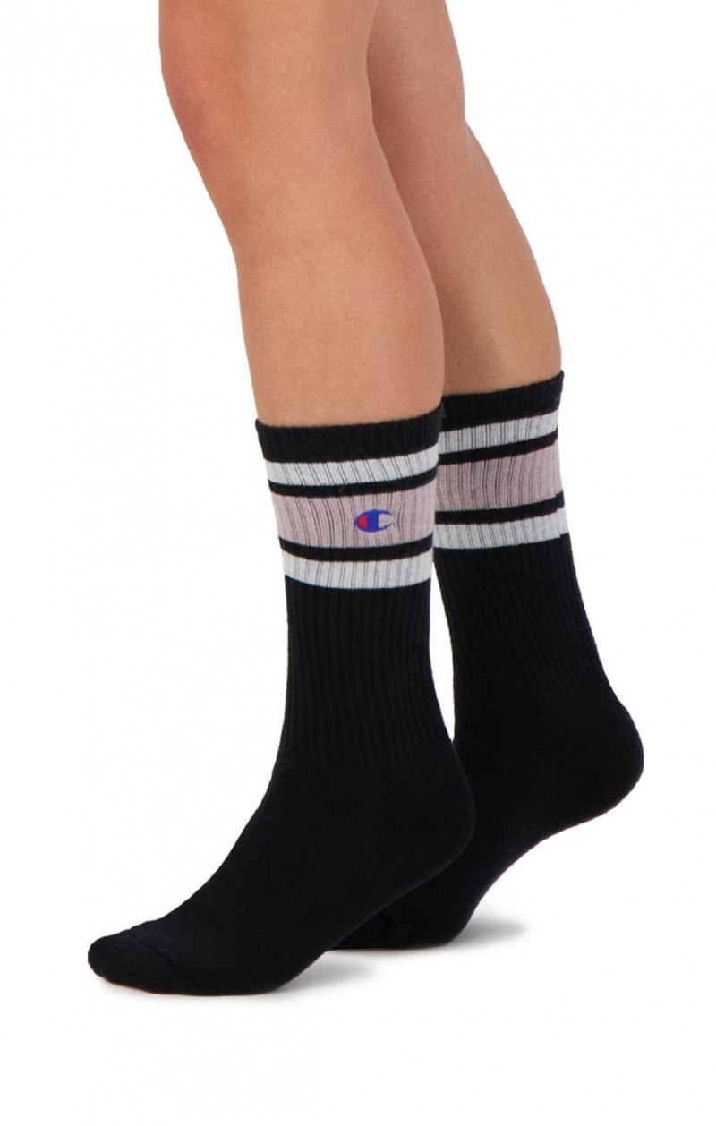 Champion Stripe Rebrovaný Crew Socks Ponozky Damske Čierne Ruzove | 2765-IYXKV