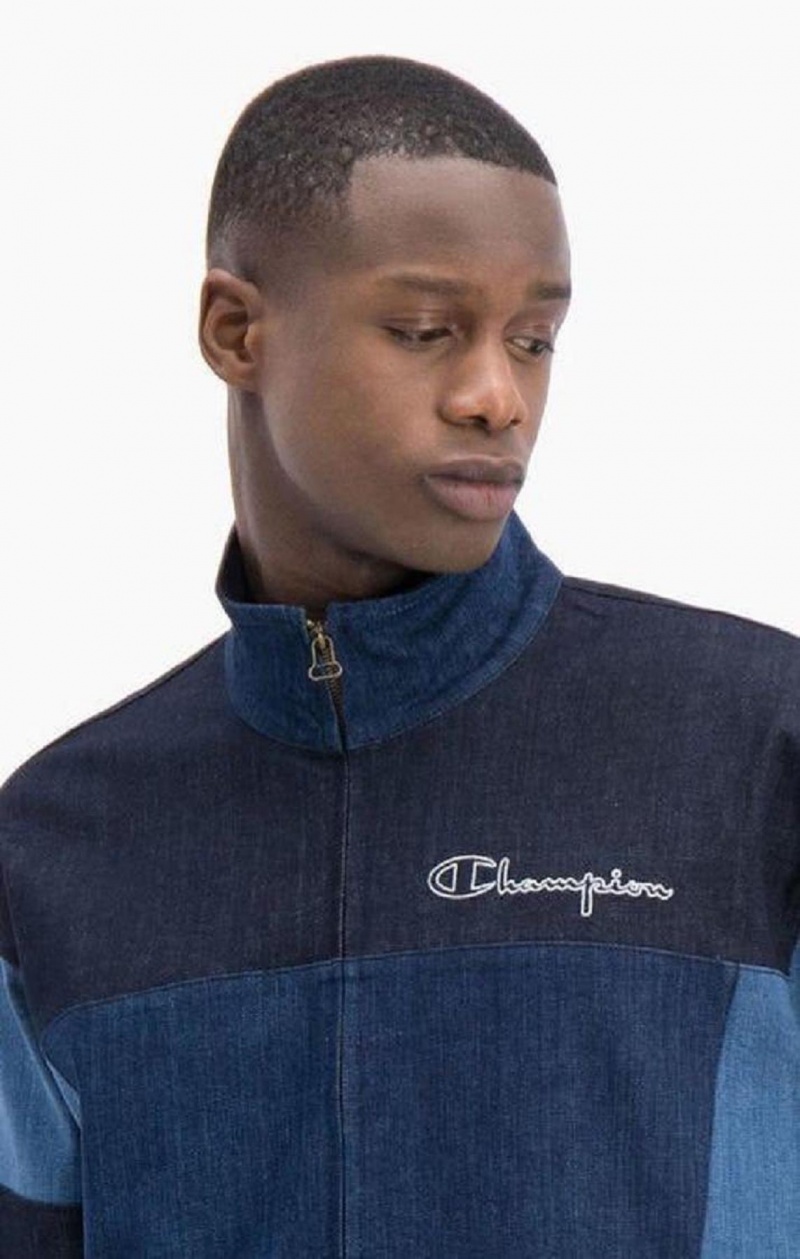 Champion Zip-Up Denim Patchwork Sweatshirt Mikiny Panske Tyrkysové Modre | 0581-PDHBR