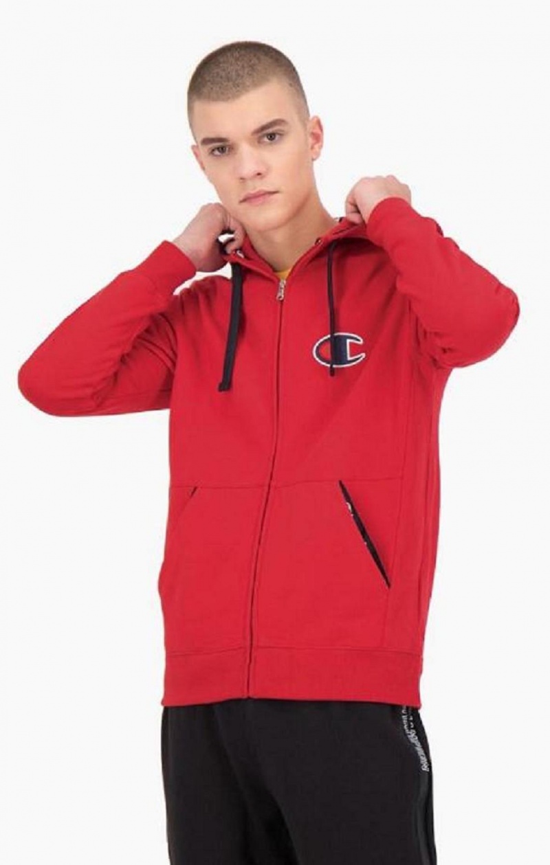 Champion Zip-Up Semisove C Bavlnene Terry Hoodie Mikina s Kapucnou Panske Červené | 2804-BKMLR